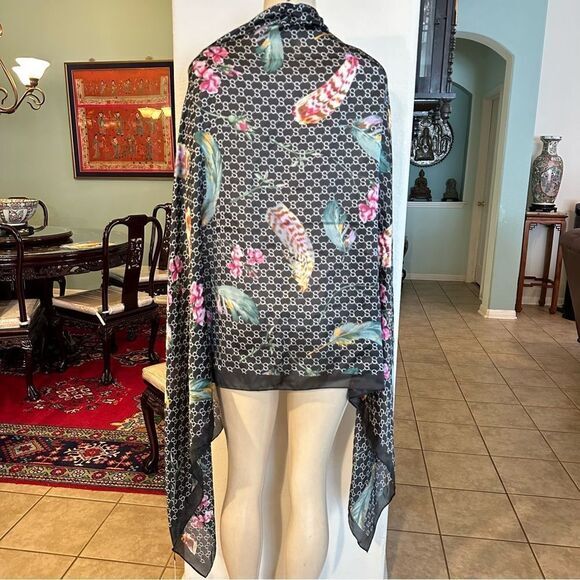 100% SILK BY FASHION DESIGN FEATHER FLORAL LARGE SOFT LIGHTWEIGHT SCARF NWT - Picture 6 of 11